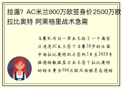 捡漏？AC米兰900万欧签身价2500万欧拉比奥特 阿莱格里战术急需